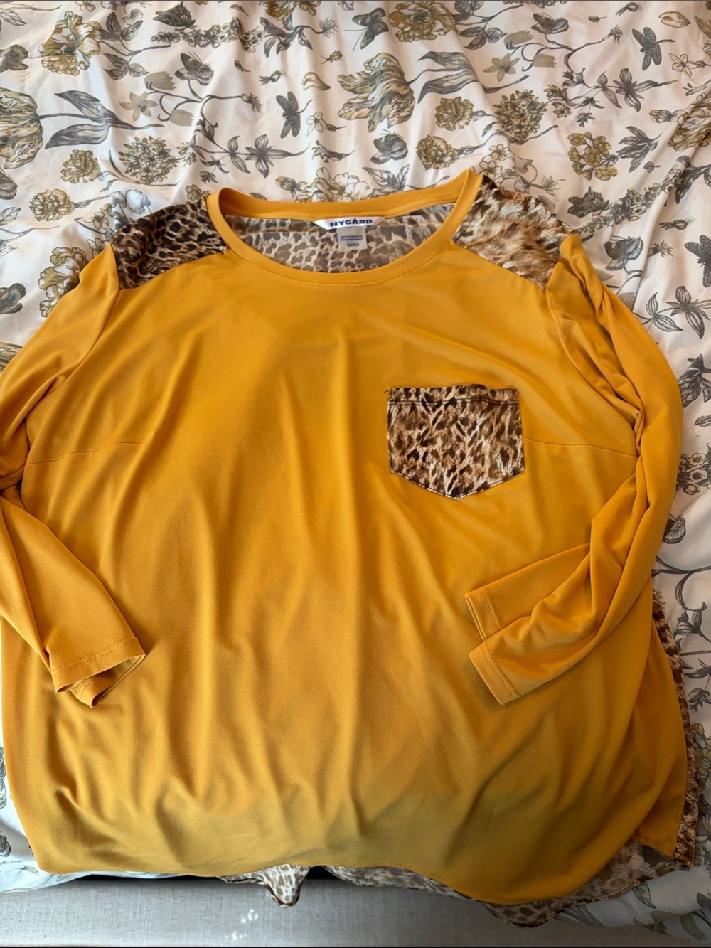 Peter Nygard Mustard Long Sleeve Top with Leopard Pocket & Shoulder Trim